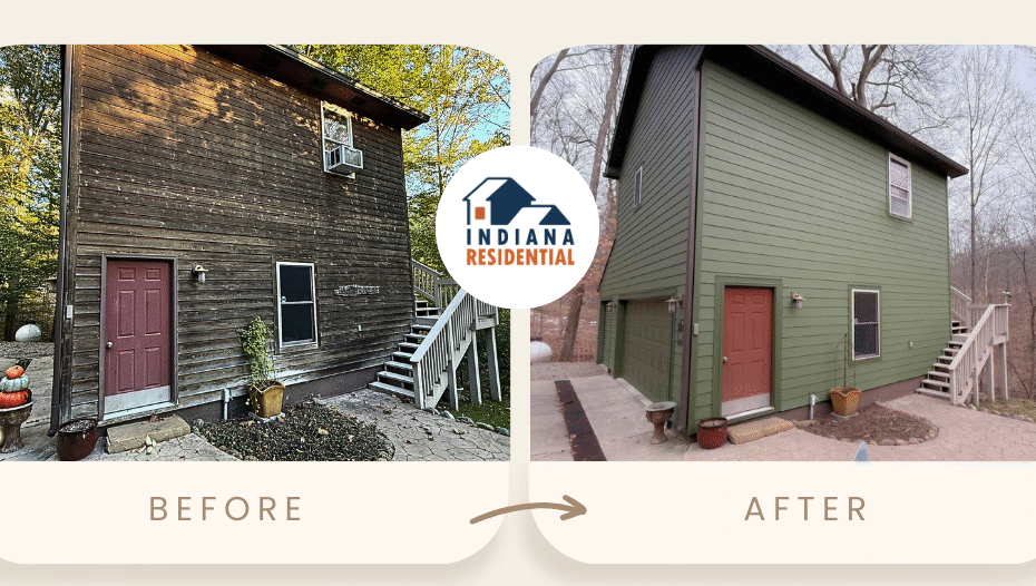 Before and After photo of exterior repairs-Sweetwater Lake Indiana